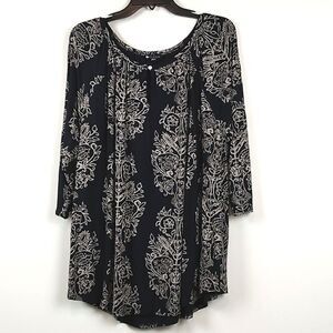 Lucky Brand Black & Tan Floral Paisley Boho 3/4 Length Sleeve Blouse Top Size 2X